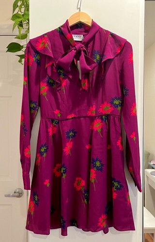 Tanya Taylor Aubree Long Sleeve Tie-Neck Spaced Out Floral Silk Mini Dress NWT - Picture 3 of 9