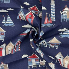 Canvas Fabric - Beach Huts Lighthouse Boats on NAVY BLUE - Craft Fabric Material