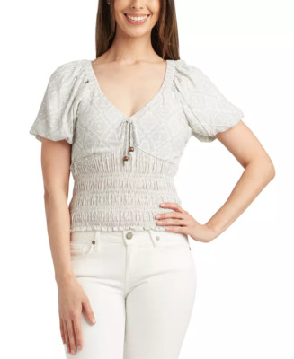 BCX PATE Women's Juniors' Printed V-Neck Smocked Bubble-Sleeve Top, US Large