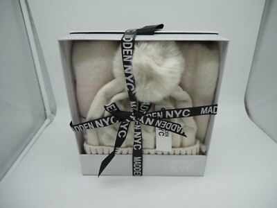 Madden NYC Womans Soft Hat & Scarf Gift Set Off White Pink Plaid (GAR)