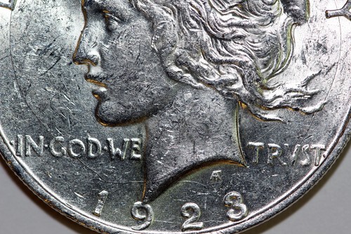 1923-D Mint State 360 Degree Die Crack Ob MS 90% Silver Peace Dollar (PDX1277) - Picture 5 of 8