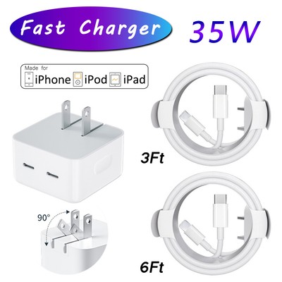 35W Fast Charger Adapter Dual PD USB-C Cable For iPhone 14 13 12 11 Pro Max iPod