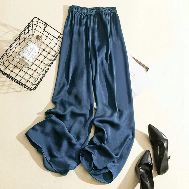 Women Satin Wide Leg Pants Casual Trousers Loose High Waist Faux Silk Blue Black - Image 2 of 4