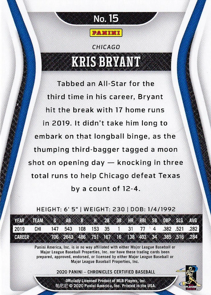 2020 CHRONICLES CERTIFIED GREEN PARALLELS KRIS BRYANT CHICAGO CUBS - B4648B - Image 2 of 2