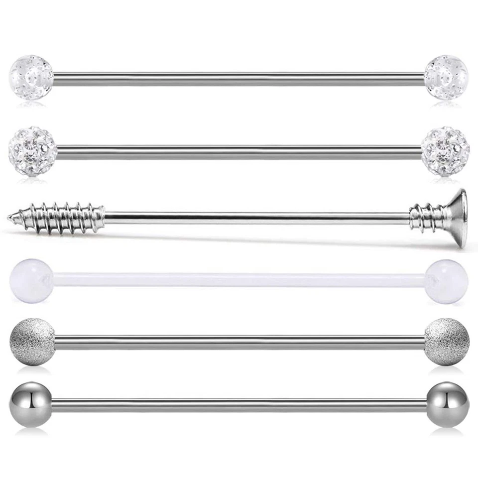 6 piezas Acero Inoxidable Industrial Barra para Oreja Lengua Pezón Anillo Circonita cúbica 14G Piercing Foto 4 de 4
