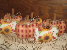 Fall Home Decor 6 Fabric Pumpkins Bowl Fillers Country Sunflower Check Handmade