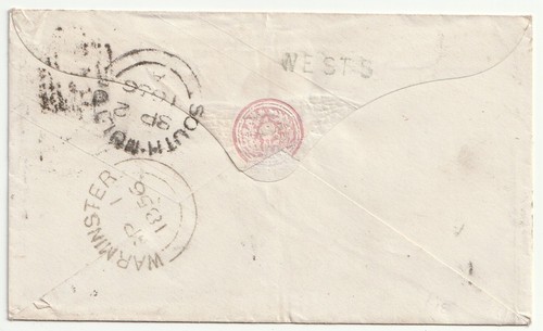1856 1d PINK POSTAL STATIONERY ENV =848= NUMERAL WARMINSTER & WEST ST SUB PO - Picture 2 of 2