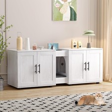 White Hidden Litter Box Enclosure Furniture with Double Cage Cat House for 2 Cat