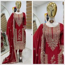 Red Color Pure Chinnon Silk Salwar Kameez With Dupatta For Traditional Wear