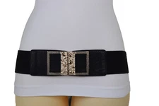 Women Black Elastic Fashion Hip High Waist Belt Gold Metal Skull Buckle Fit S M