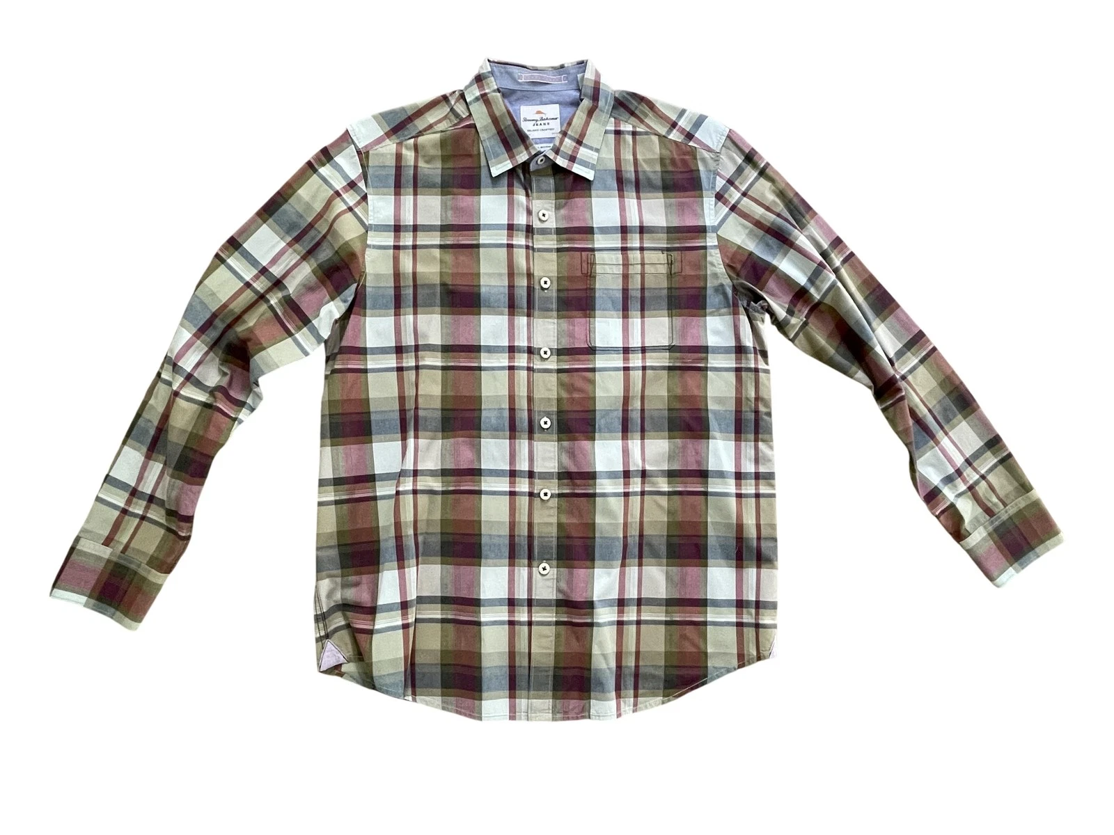 Tommy Bahama Jeans Shirt Mens Medium Green Burgundy Plaid Island Modern Fit