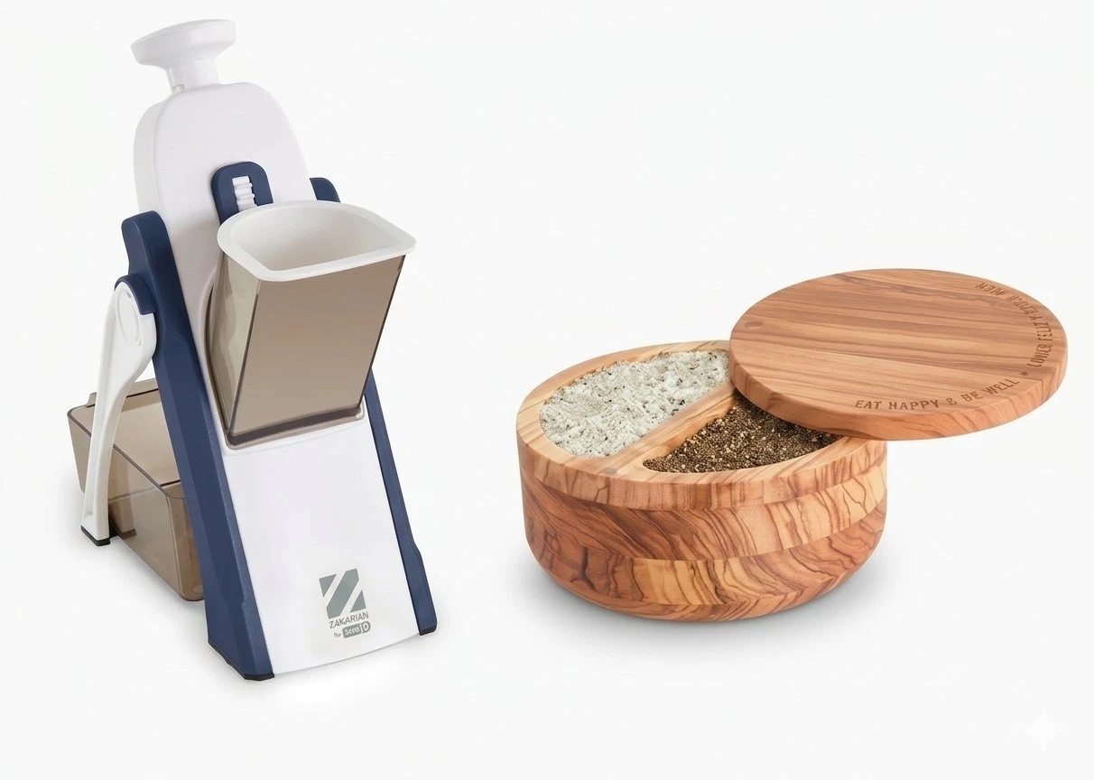 DASH Safe Slice Upright Mandolin Zak Blue + DASH Divided Olivewood Salt Cellar
