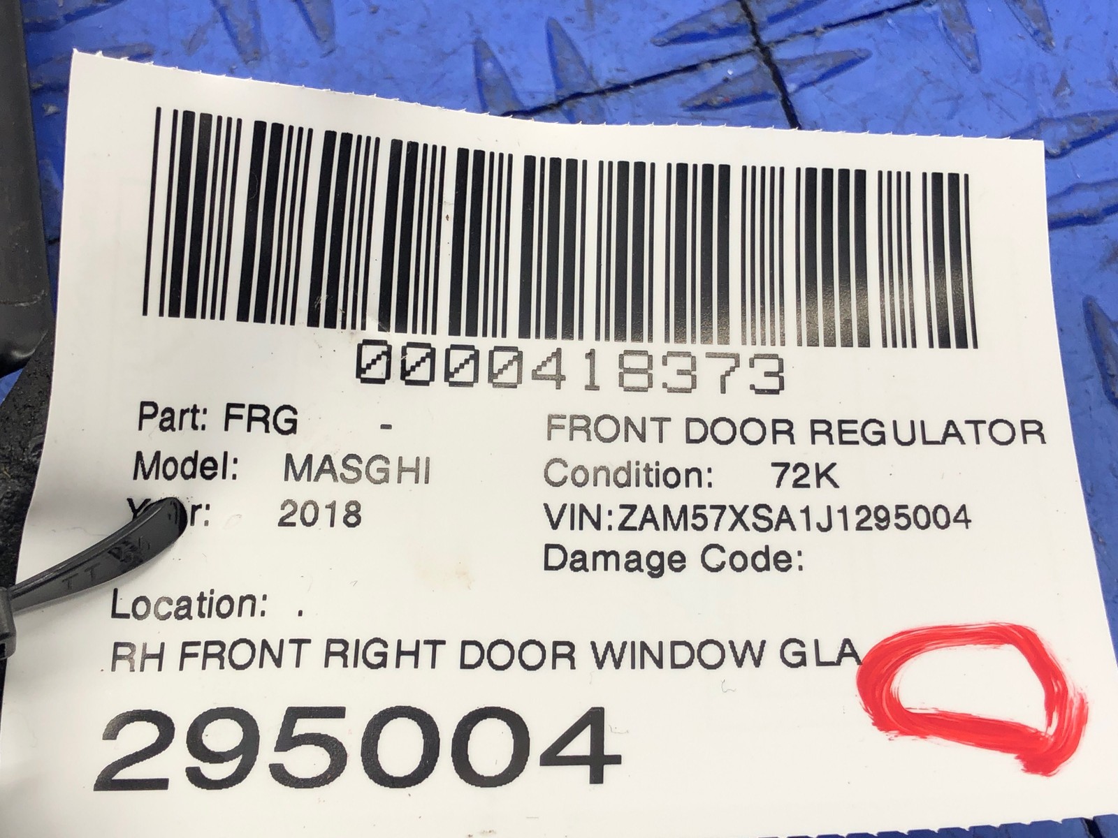 2014-2019 MASERATI GHIBLI FRONT RIGHT DOOR WINDOW GLASS REGULATOR W/ MOTOR OEM