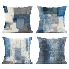 Set of 4 Throw Pillow Covers Blue and Grey White Art Artwork Contemporary Dec...