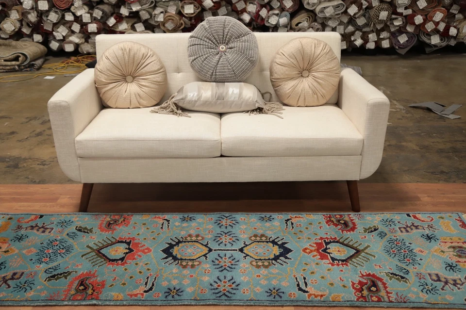 Blue Oushak Oriental Runner Rug 2x8 Geometric Hand-knotted Wool Carpet - Image 3 of 4