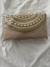 Elegant Beaded Clutch / Purse Neutral Champagne Beige w Gold Pearl Detail