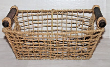 Brown Woven Rectangular Basket w/ Round Wood Handles 10" x 6" Home Decor Storage