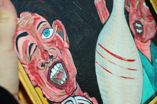 Expressionist Oil Painting Mixed Media Outsider Art BOWLING BALL PINS Framed WOW - Picture 3 of 4