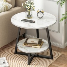 Marble Effect 2-Tier Round Side End Table Living Room Shelf Bedside Nightstand