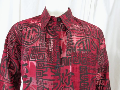 Chico's size 1 (M) Red w/ Black Asian Design Long Sleeve Button Front Shirt - Picture 3 of 10