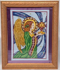 Framed Needlepoint Heavenly Angel Holding Flaming Candle 11.5x9.5" Artisan Made 