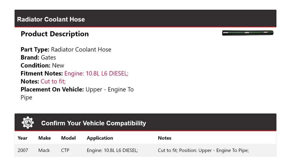 Manguera de refrigerante de radiador superior para Mack CTP 2007 - puertas de motor a tubería Foto 2 de 4
