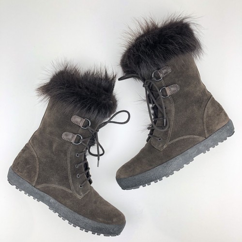 MONCLER Fur And Suede Boots Logo Brown Lace Up Made In Italy Sz 8 UK 9 US - Picture 3 of 11