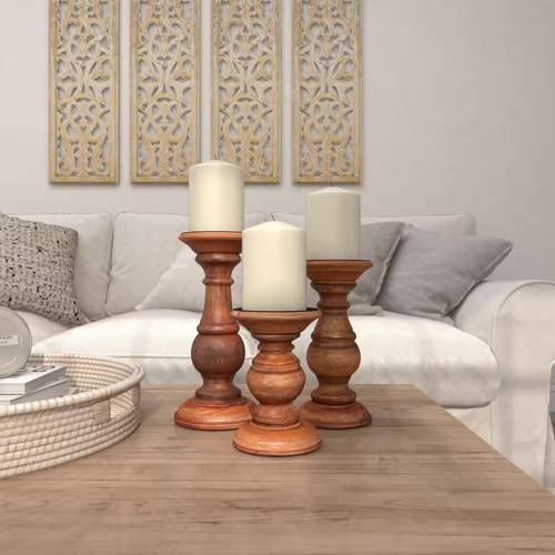 Candle Holder Brown Mango Wood Turned Pillar Table Decor 3Pack Distressed Finish - Picture 9 of 12