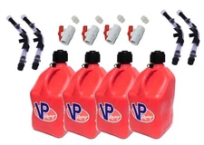 VP Racing 4 Pack Red Square 5 Gallon Fuel Jugs + Hose, Hose Bender, & Ball Valve