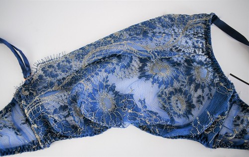 $590 AGENT PROVOCATEUR SOIREE *KIERA* Blue Gold FRENCH LACE Bra 32B 32C 34D 36D - Picture 2 of 12