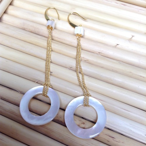 Gold Chain Mother Of Pearl Hoop Dangle Drop Geometric Minimalist Earrings - Picture 3 of 9
