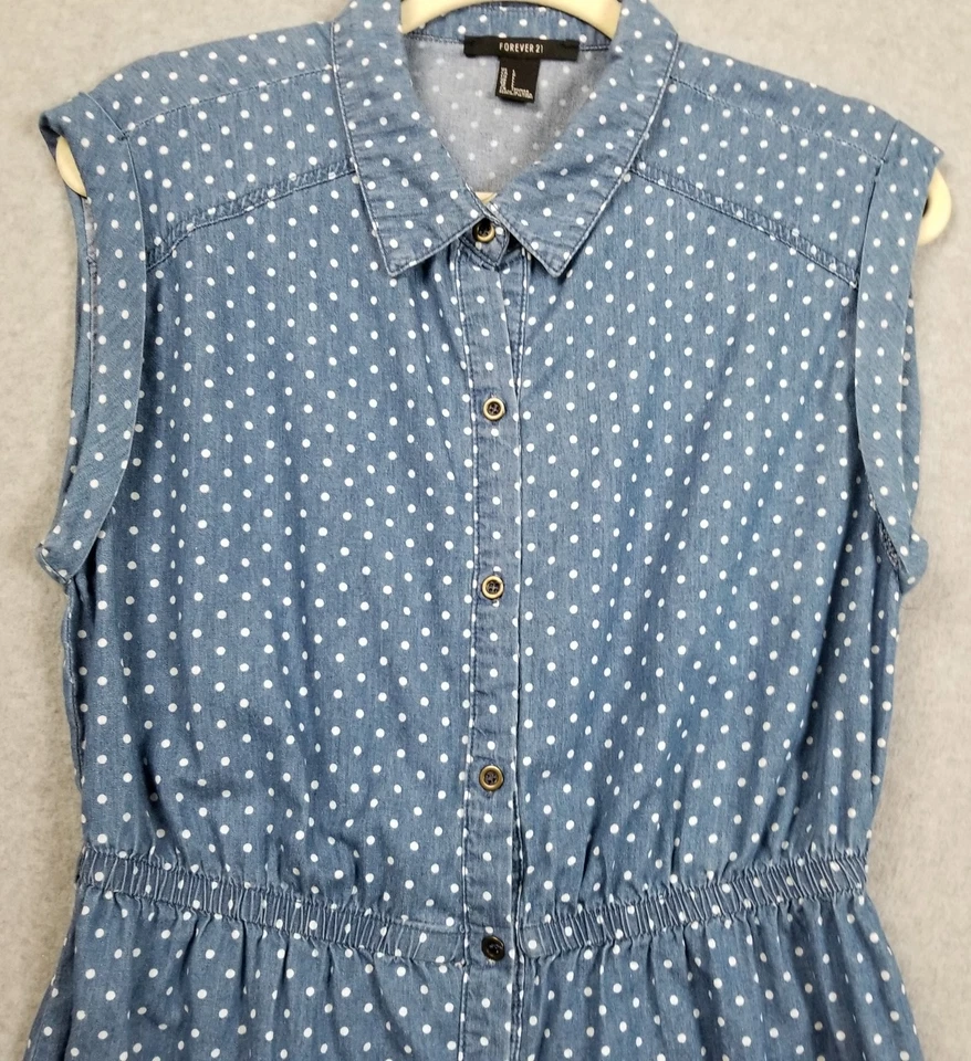 Vestido Camisa Forever 21 Para Mujer Grande L Azul Blanco Lunares Sin Mangas Algodón Foto 2 de 4
