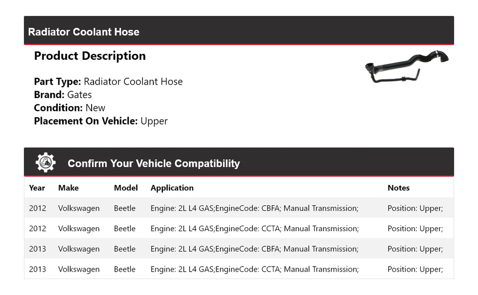 For 2012-2013 Volkswagen Beetle 2L L4 GAS Radiator Coolant Hose Upper Gates - Imagem 2 de 3