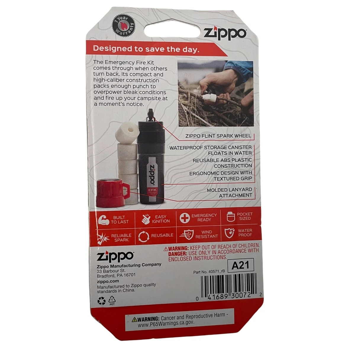 Kit de fogo Zippo Emergency Fire - #40571 - 5 mechas de algodão - Prova D' água