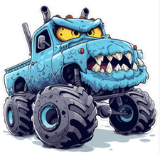 cartoon sticker of a cool cyan monster sitting on a blue monstertruck Decal viny