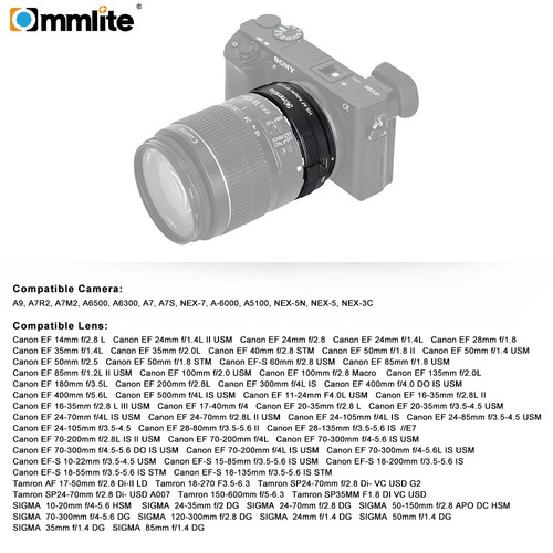 Commlite Auto focus adapter for Canon EOS EF mount to Sony E mount A9 A7M3 A7R3 - Picture 6 of 12