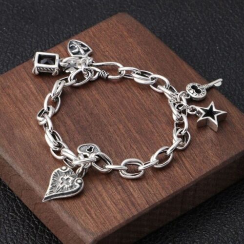 925 Sterlingsilber Dicke Kette Anhänger Charm Armband Retro Einzigartig Party Armreif - Bild 3 von 6