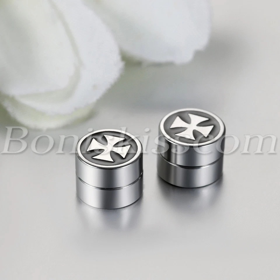 Mens Retro Celtic Cross Pattern No-pierced Clip On Round Magnetic Studs Earrings - Image 3 of 4