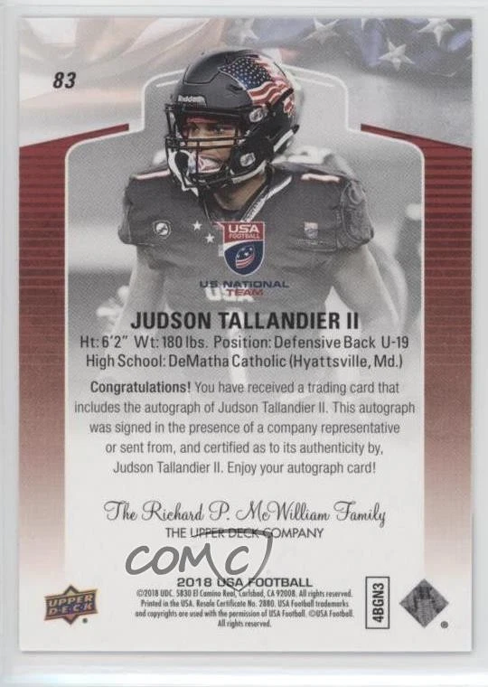 2018 Upper Deck USA Football Auto Judson Tallandier II #83 Auto - Image 2 of 2