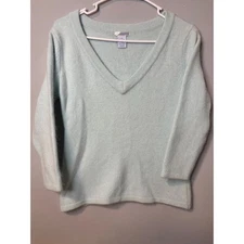 Frost Mint Blue V Neck 3/4 Sleeve Angora Rabbit Hair Lambs Wool Sweater Luxury