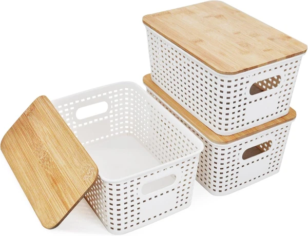3 StüCke Aufbewahrungsbox Mit Bambus Deckel Bad 5L Korb Plastikbox Weiß 25X18X10-image