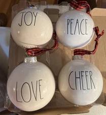 SET OF 4 RAE DUNN Ceramic Ball Ornaments Peace Joy Love & Cheer BOXED