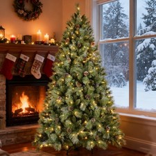 8 ft Prelit Artificial Snow Tips Christmas Tree With 550 Lights 102 Pinecones