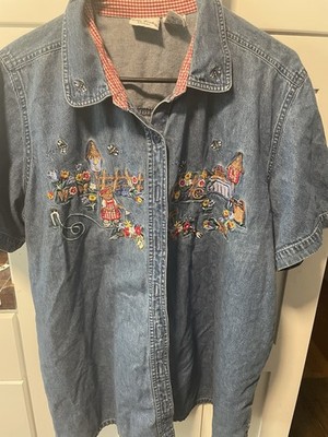 Bobbie Brooks Embroidered Denim Shirt Floral Garden TeddyBear 18/20 Women
