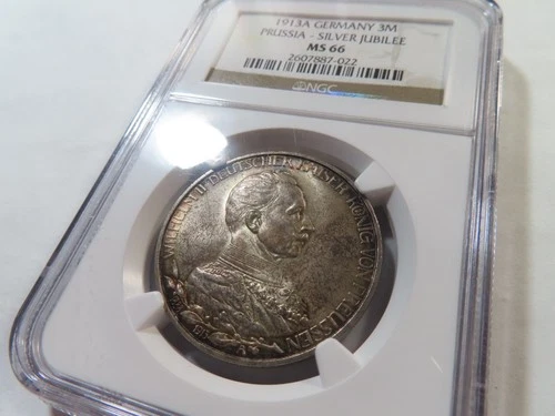 D80 Germany Prussia 1913-A Silver 3 Marks Silver Jubilee NGC MS-66 Nice Toning
