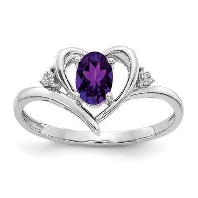 14K Weißgold 6x4 ovaler Februar/Amethyst und Diamant Herz Ring-Größe 7