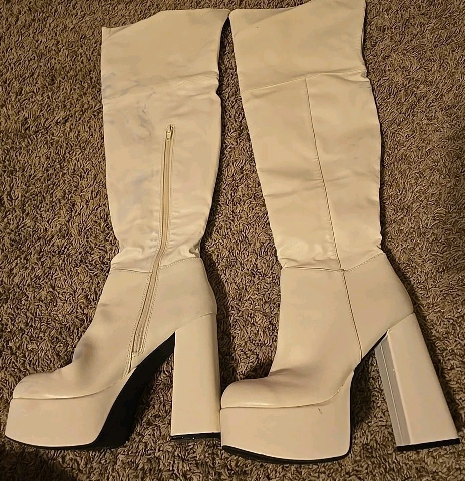 Botas de bambú para mujer talla 8,5 cuero blanco tacón alto hasta la rodilla Foto 2 de 4