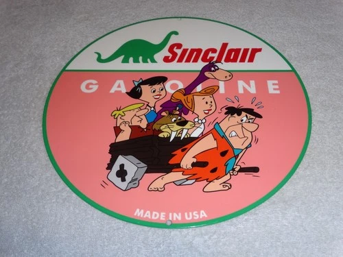 VINTAGE THE FLINTSTONES +SINCLAIR GASOLINE BROKEN CAR 12" METAL TV SHOW OIL SIGN