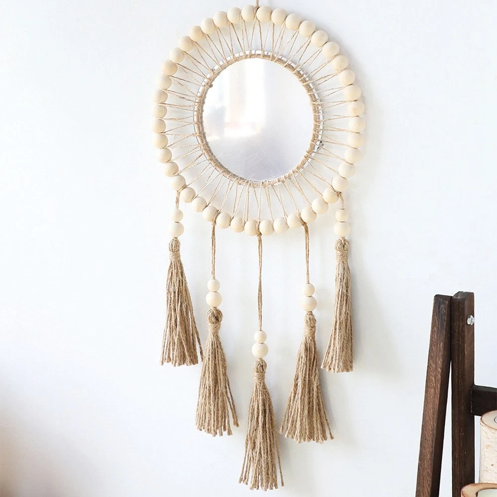 Hanging Wall with Wood Beads Fringe Handmade Round Decoration W7X46358