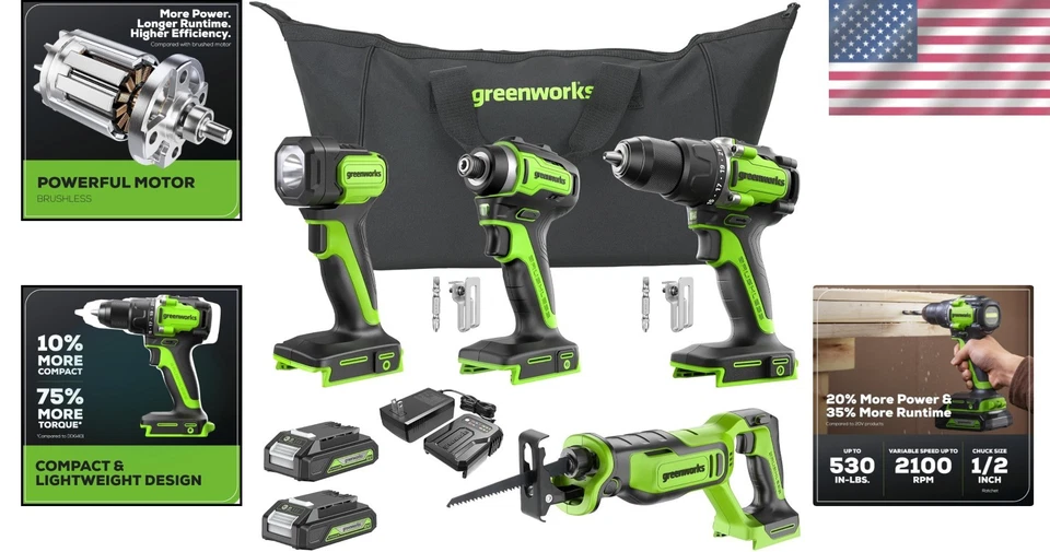 4-Piece 24V Brushless Power Tool Kit: Drill, Impact, Saw & Flashlight Included - Image 2 of 4